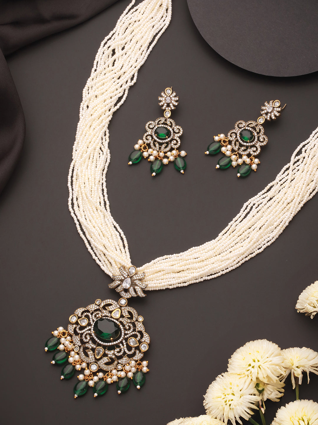 Gold-Plated Green Uncut Polki & Faux Pearl Beaded Long Jewellery Set